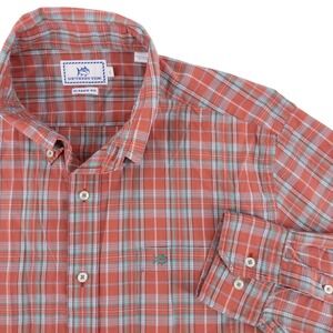Southern Tide Mens Large Red Blue Plaid Classic Fit Button Down Shirt Preppy